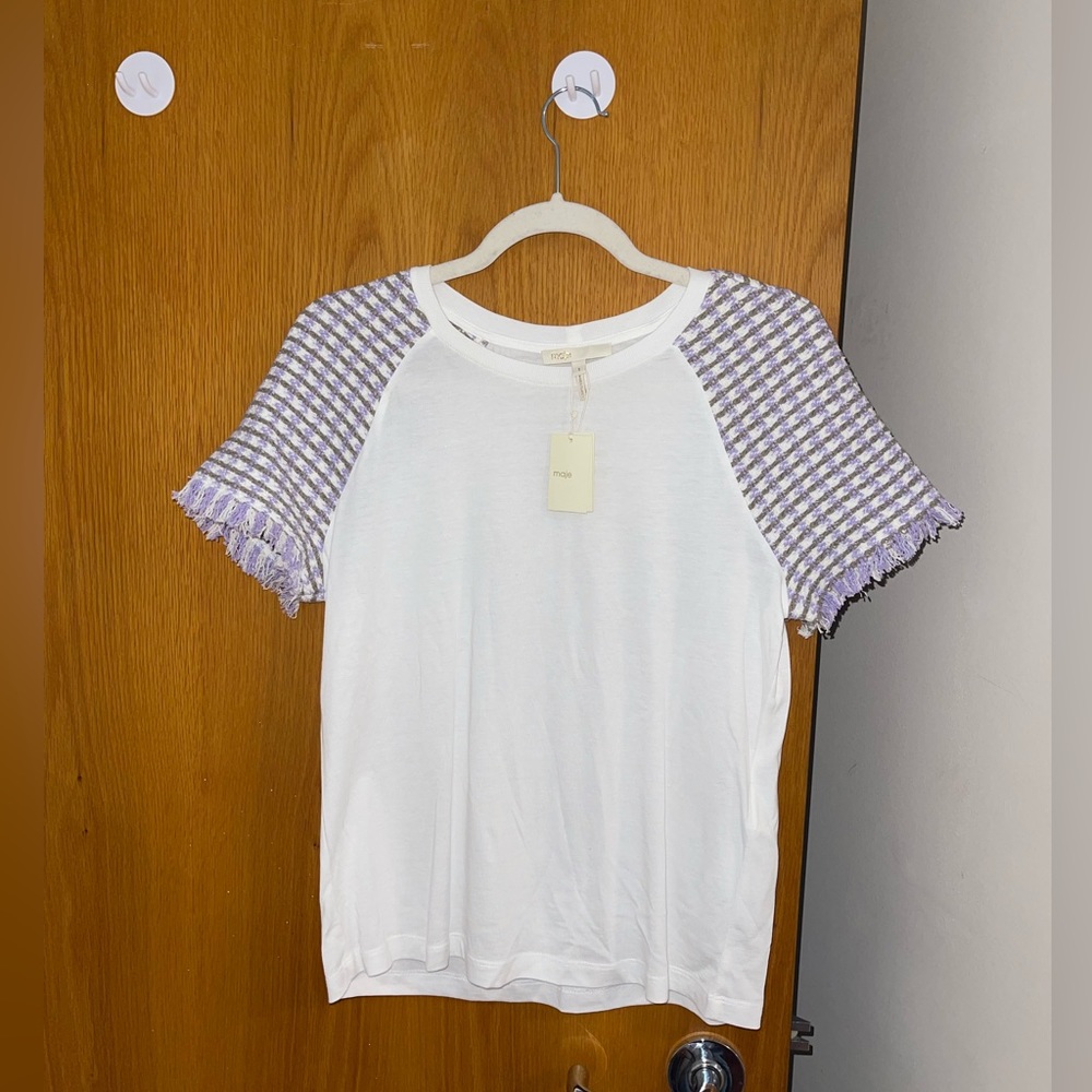 Maje never worn white shirt with tweed-lavender sleeves with tags